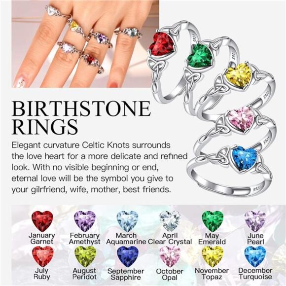 925 Sterling Silver Good Luck Celtic Trinity Knot/Claddagh Heart Birthstone Ring - Picture 2 of 7